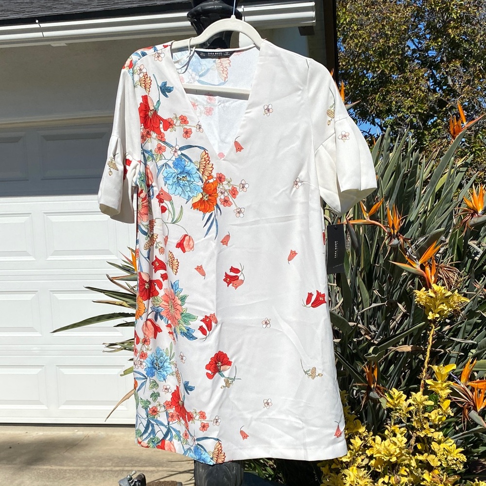 ZARA BASIC FLORAL SHIFT DRESS Size L NWT CREAM MULTICOLOR SHORT SLEEVE - Picture 3 of 14